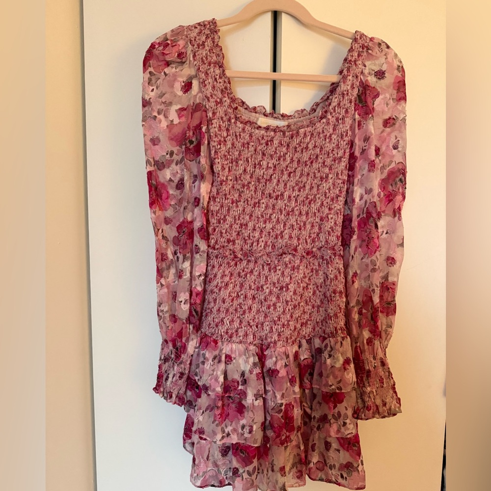 LoveShackFancy Deep Pink Smocked Floral Dress